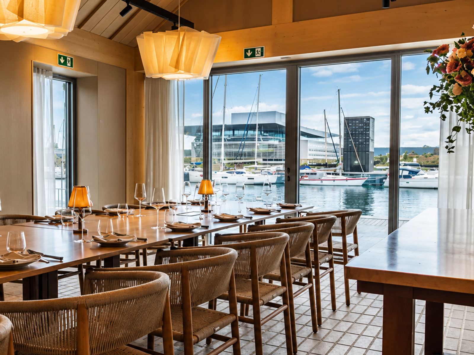 Private dining room set for dinner, with floor-to-ceiling windows onto the harbour